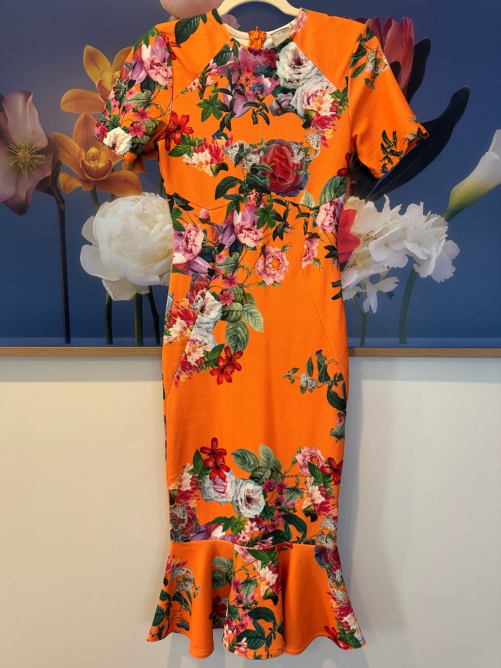 ASOS Orange Floral Midi Dress with Ruffle Hem- size 4